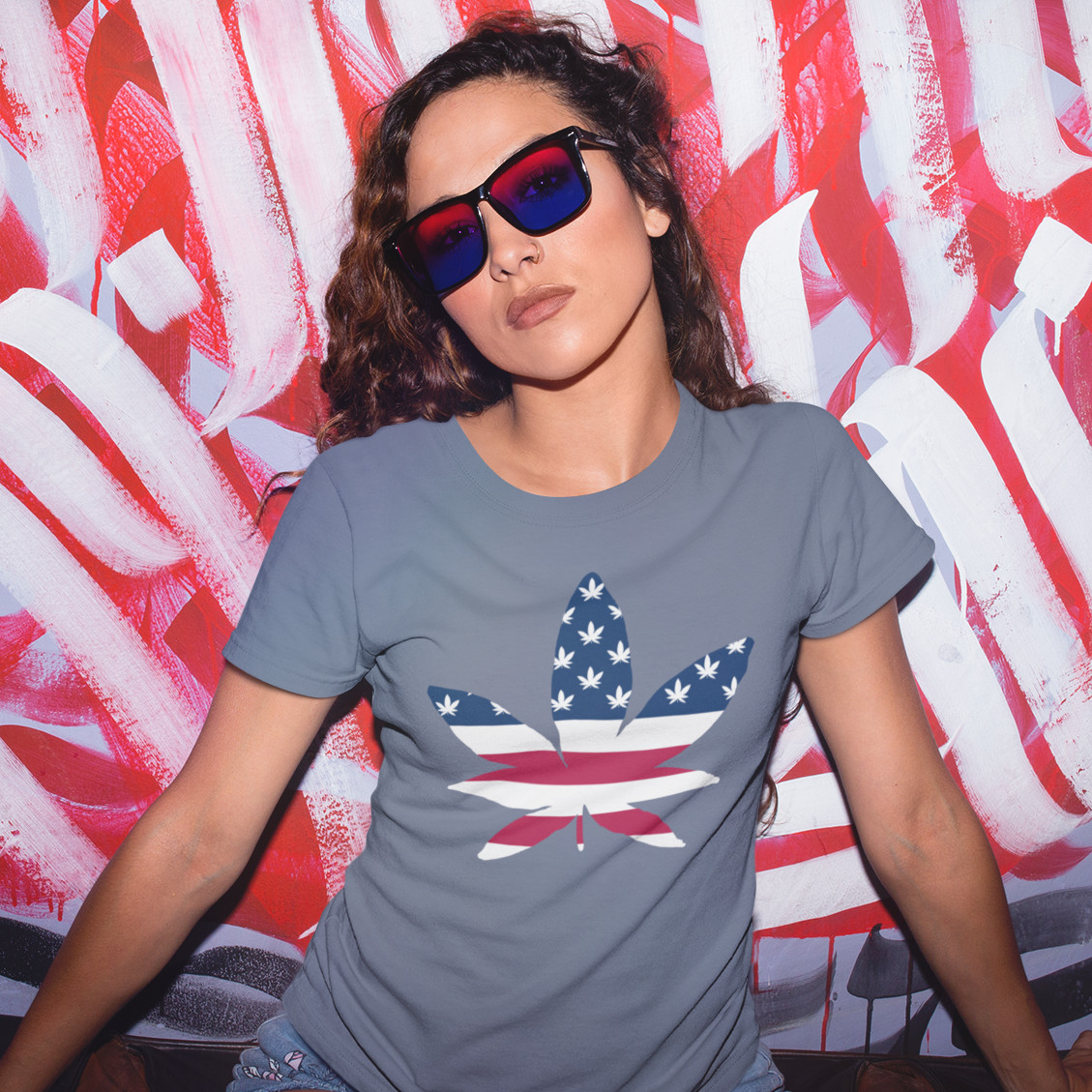 aap puff it up for freedom leaf 420 tee heatherindigo lifestyle female model 1x1