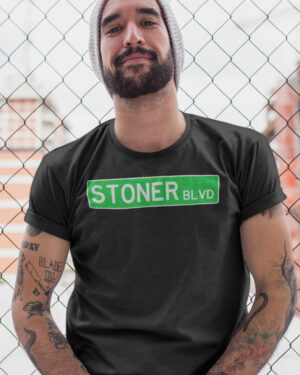 aap stoner boulevard street sign 420 tee black lifestyle male model 1x1