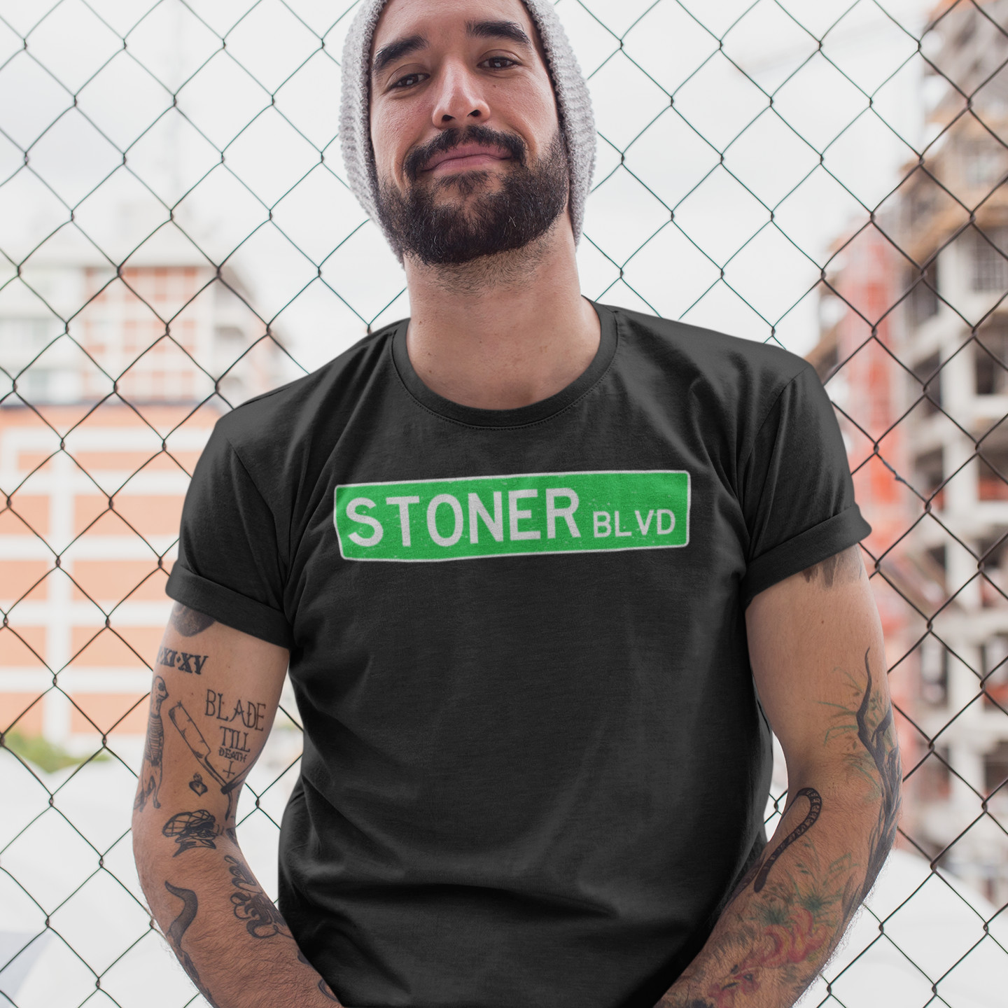 aap stoner boulevard street sign 420 tee black lifestyle male model 1x1